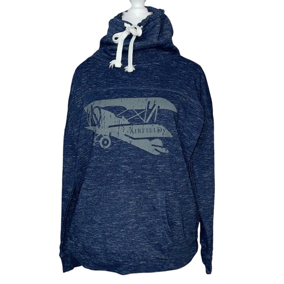 Airfield Estates J. America Women’s Cowl Neck Blue Sweatshirt With Biplane Logo - Picture 3 of 7